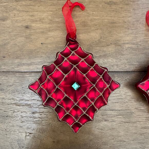 Set of 2 Traditional Red Quilted Glass Christmas Ornaments 5” x 5” Jewel Accent - Picture 3 of 9